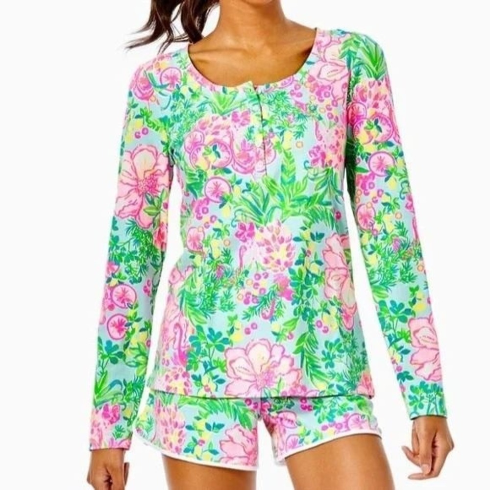 Lilly Pulitzer Henley Pajama Top Sea Salt Blue Women's XXS Tropical Floral